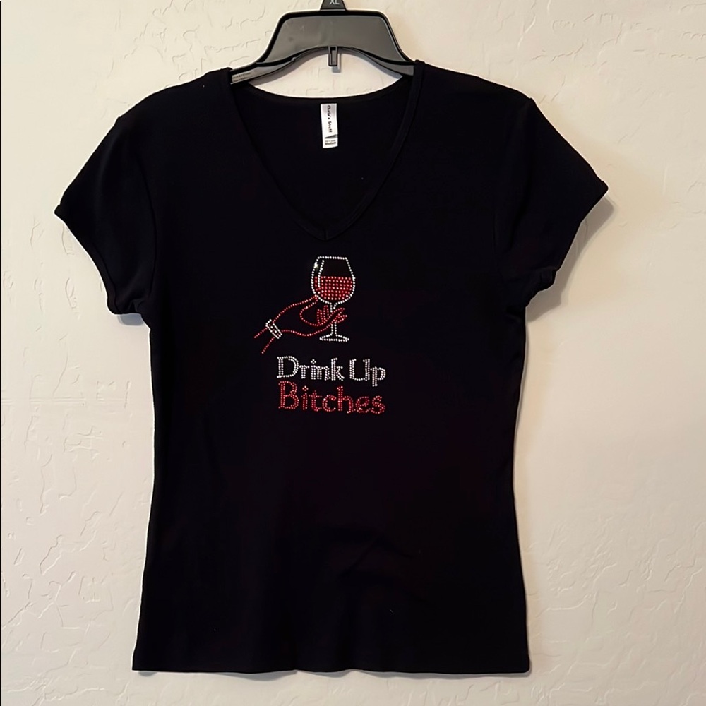 Black and Red Fitted Short Sleeve Tee - rhinestone embellished- Drink Up Bitches